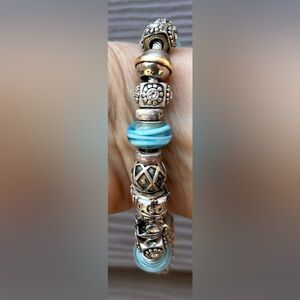 Pandora Sterling Bracelet with Light Blue Murano Beads